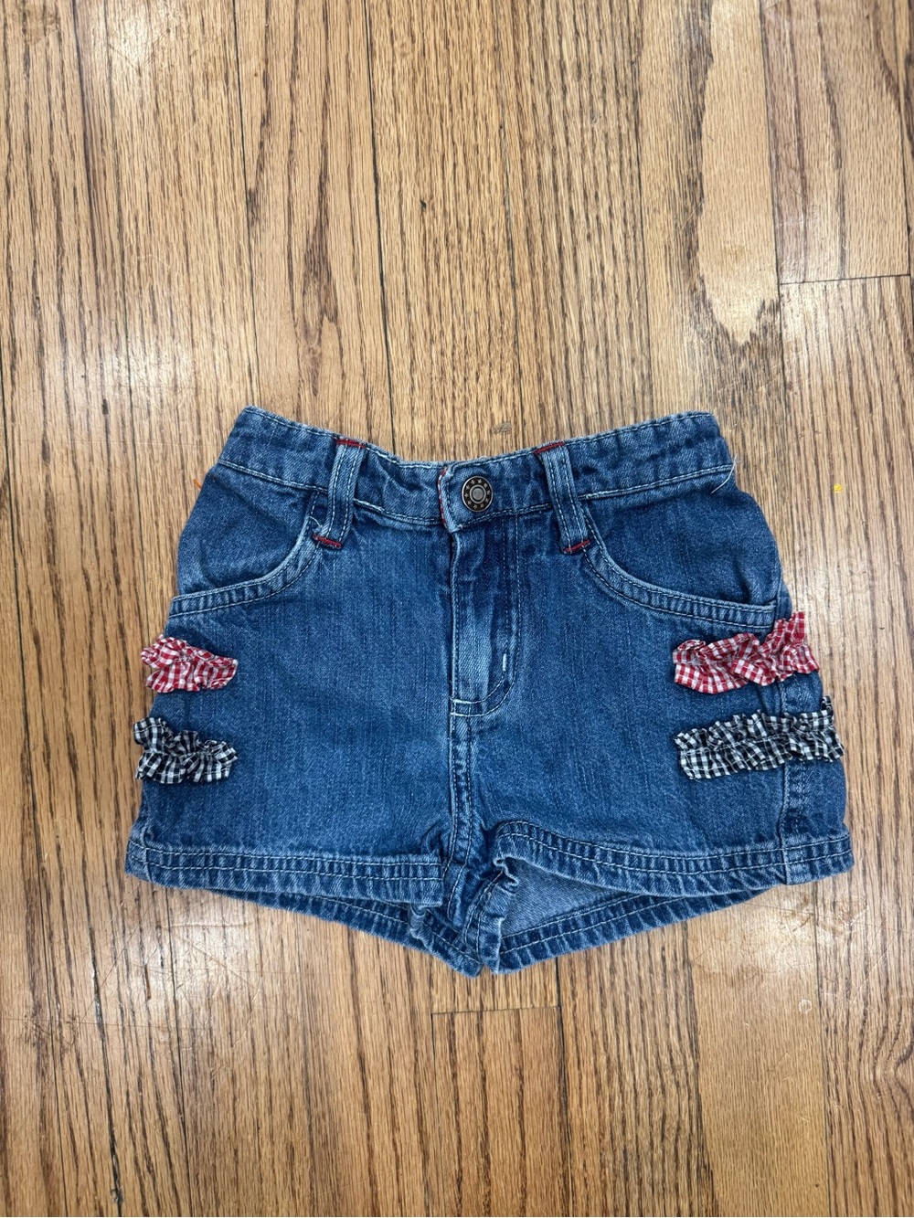 Girls Celebration Nation Vintage Denim Shorts with Gingham Bow & Star Accents 2T